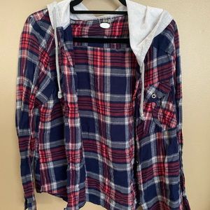 Blue & Red Hooded Plaid Shirt
